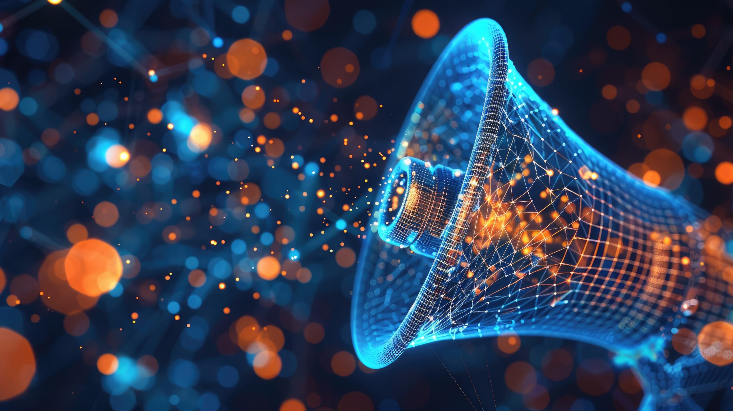 Digital illustration of a megaphone made out of blue and red glowing lines and dots