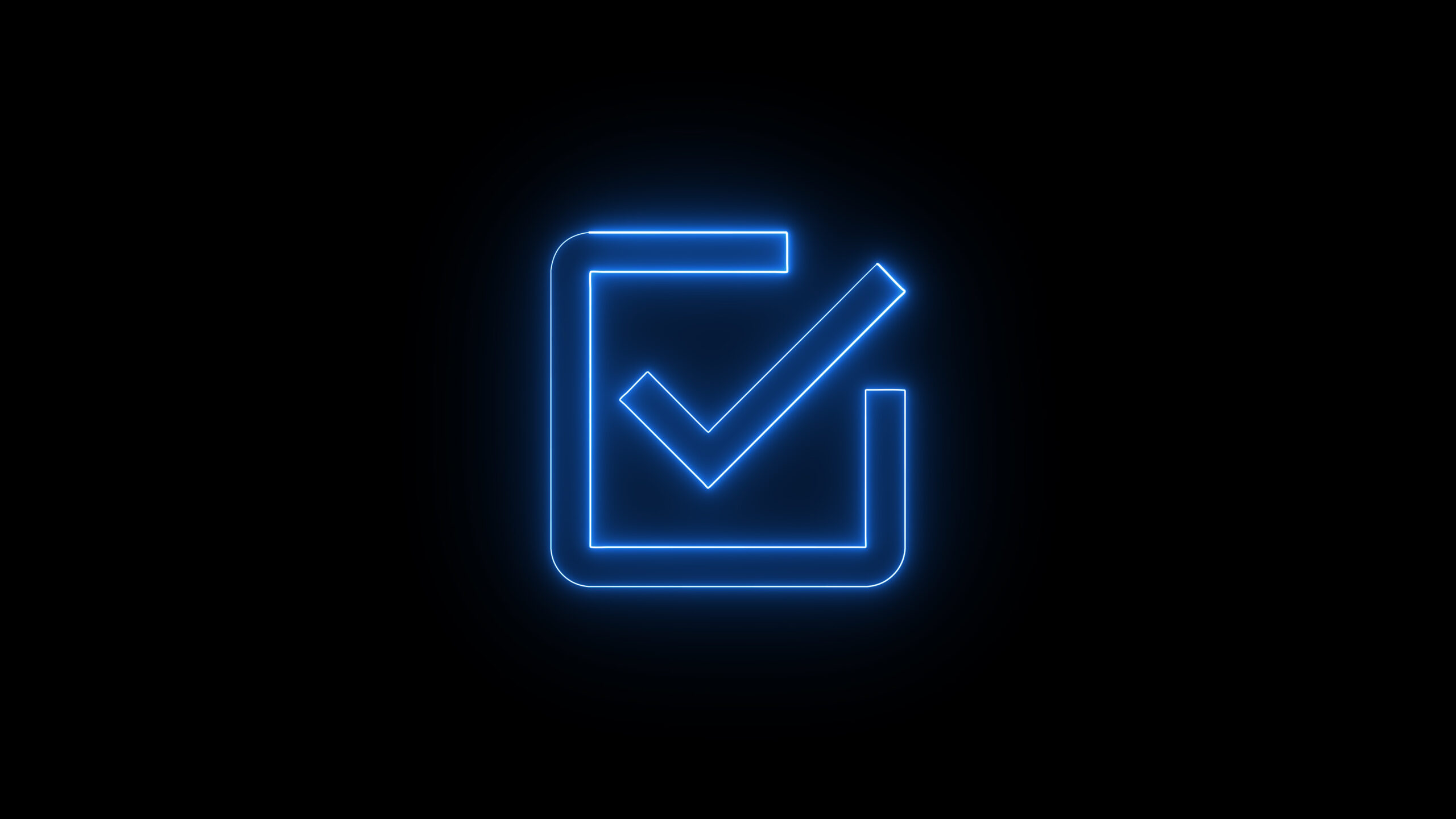 Glowing blue checkmark icon on black background representing approval and confirmation signifying completion or success
